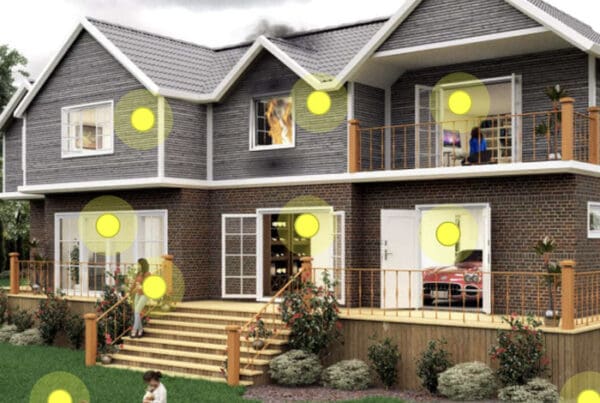 Clickable Coverage® - Home Insurance Scene with a Family in the Yard of a Large Modern Home