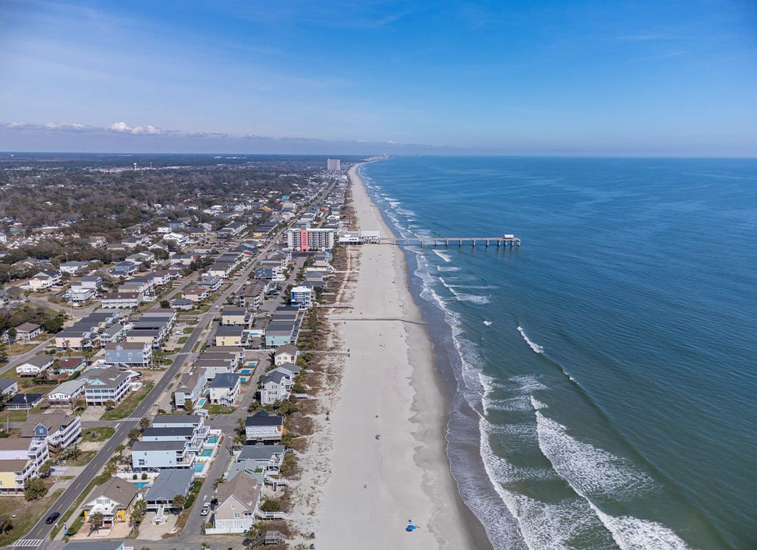 Surfside Beach, SC - Surfside Beach South Carolina Aerial View Clear Sunny Day USA With No Clouds in the Sky and No People on The Beach